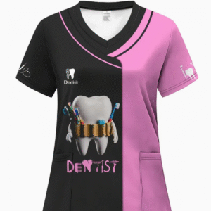 Camiseta mangas cortas cuello V "DENTIST" - Color rosa y negro - Estampada - Talla L