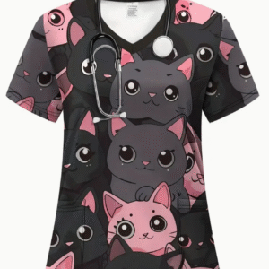 Camiseta mangas cortas cuello V "Gatitos" - Color rosa y negro - Estampada - Talla XL