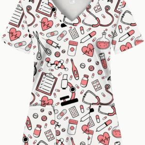 Camiseta mangas cortas cuello V "Laboratorio" - Color blanco - Estampada Rosa y Negro - Talla L