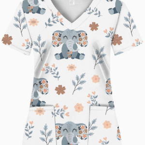 Camiseta mangas cortas cuello V "Elefantitos" - Color blanco - Estampados azul y chocolate - Talla L