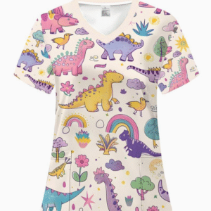 Camiseta mangas cortas cuello V "Dinosaurios" - Color blanco - Estampada Rosa y lila - Talla L