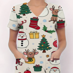 Camiseta mangas cortas cuello V "Renos Navidad" - Color blanco - Estampada Rojo y Verde - Talla M