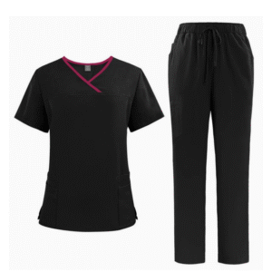 Conjunto de Dos Piezas Blusa Mangas cortas y pantalón - Color Negro con Fucsia - Talla S