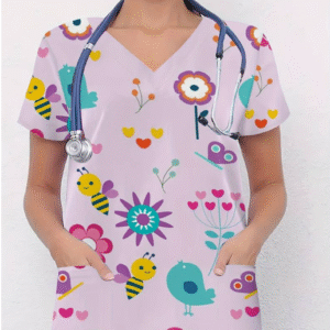 Camiseta mangas cortas cuello V "Flores" - Color rosa - Estampados violeta y naranja - Talla L