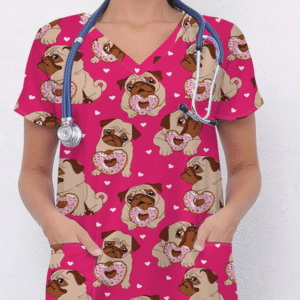 Camiseta mangas cortas cuello V "Perritos" - Color fucsia - Estampados beige y rosa - Talla M