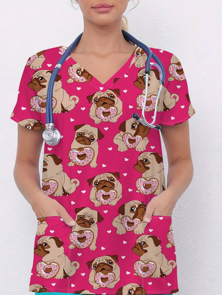 Camiseta mangas cortas cuello V "Perritos" - Color fucsia - Estampados beige y rosa - Talla M