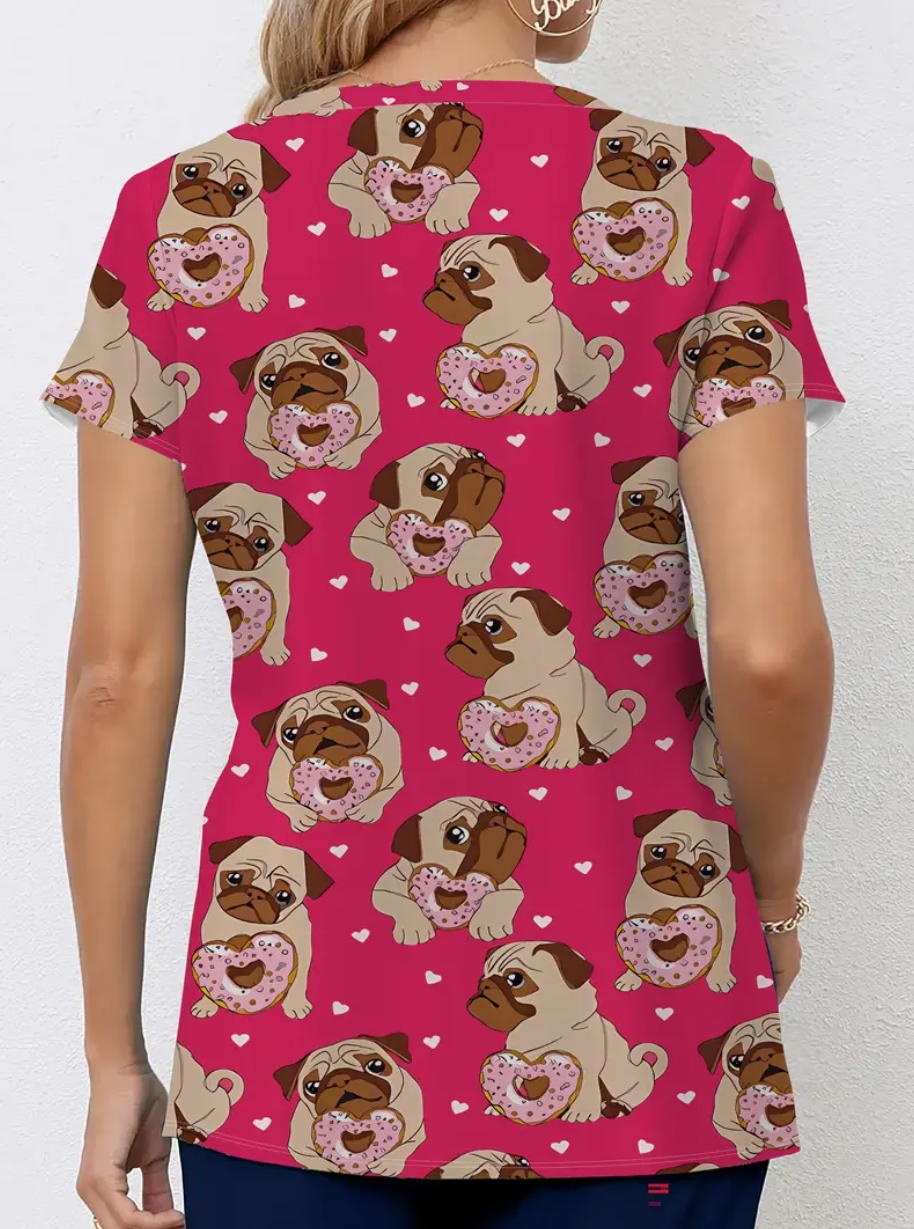 Camiseta mangas cortas cuello V "Perritos" - Color fucsia - Estampados beige y rosa - Talla M - Imagen 2