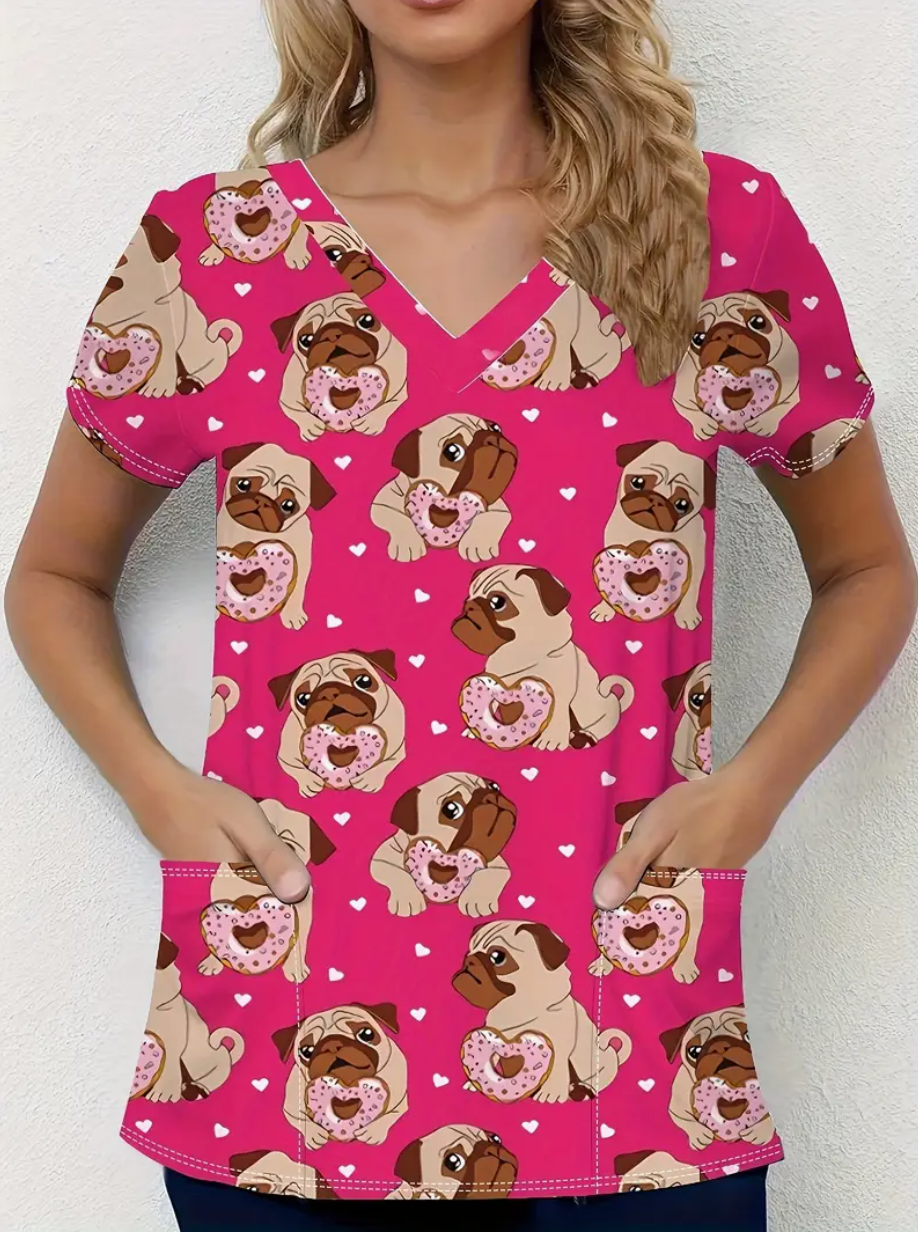 Camiseta mangas cortas cuello V "Perritos" - Color fucsia - Estampados beige y rosa - Talla M - Imagen 3