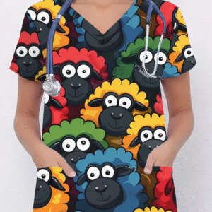 Camiseta mangas cortas cuello V "Ovejitas" - Color negro - Estampados azul, rojo y amarilo - Talla M