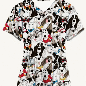 Camiseta mangas cortas cuello V "Perritos Mix" - Color blanco - Estampados negro, rosa y gris - Talla M