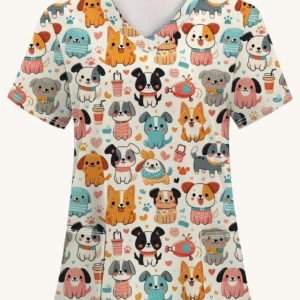 Camiseta mangas cortas cuello V "Cachorros Mix" - Color manteca - Estampados naranja, rosa, azul - Talla M