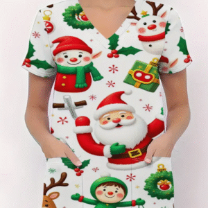 Camiseta mangas cortas cuello V "Papá Noel" - Color blanco - Estampados rojo y verde - Talla L