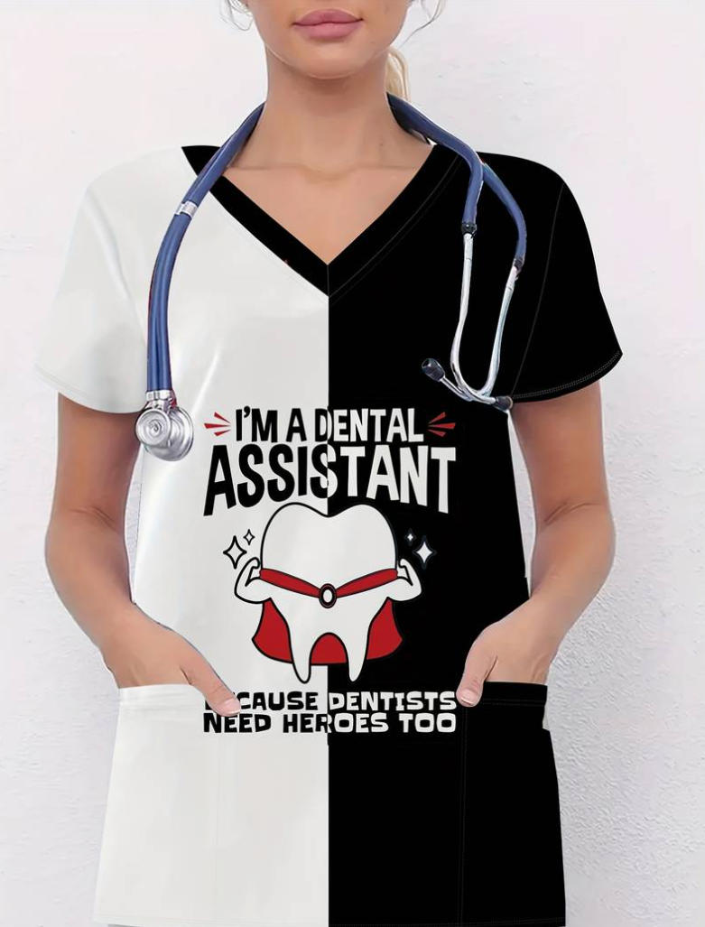 Camiseta mangas cortas "I'm a dental assistant" - Color blanco y negro - Estampada - Talla L