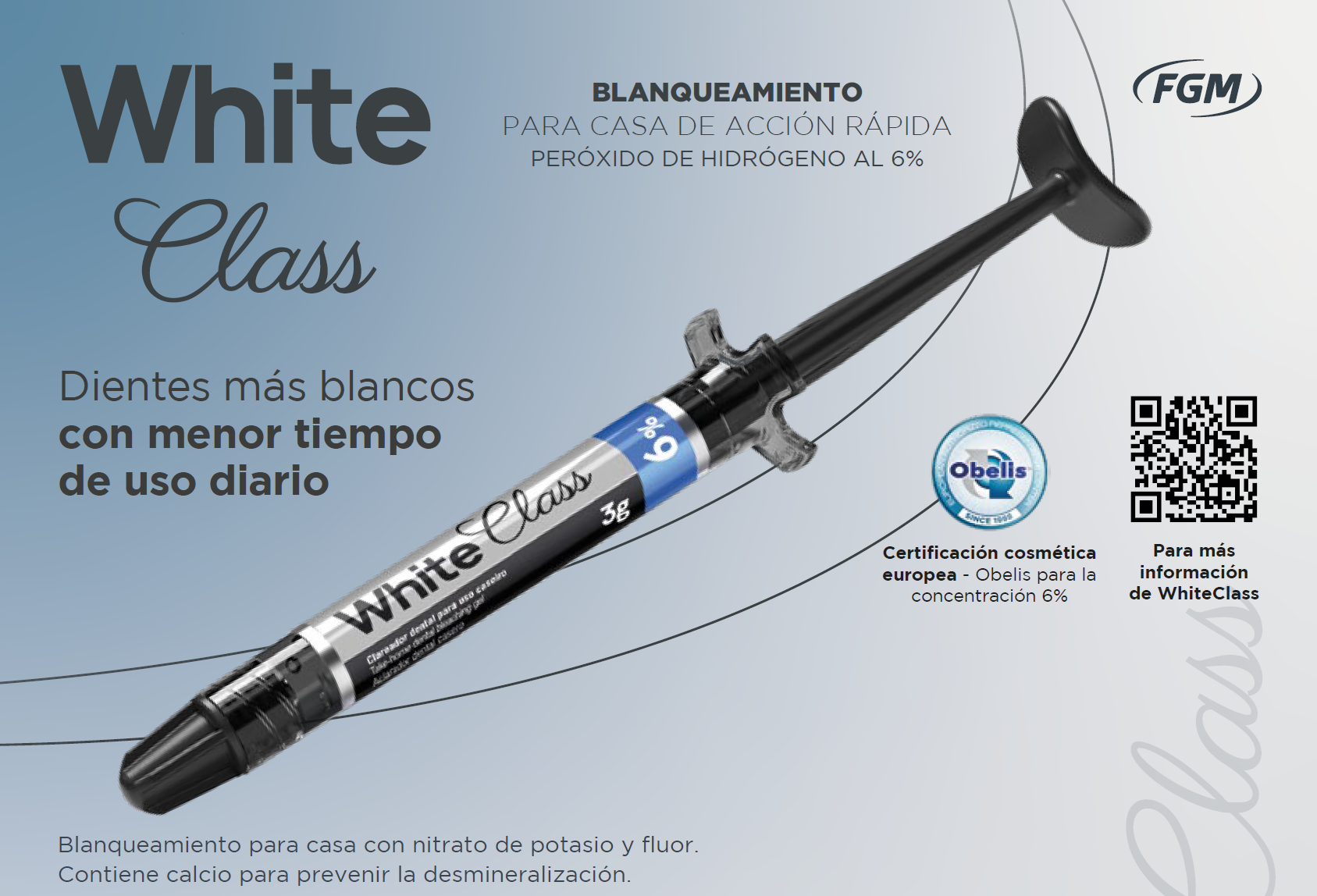 OFERTA 3+1 WHITE CLASS 6% - KIT COSMÉTICO Contenido: 4 jeringas con 3g de gel cada una, 1 porta-férula, 1 neceser, 1 tarjeta próxima consulta y puntas. + SIN CARGO: DESENSIBILIZE KF 2% jeringa 2,5 g X 3 UNIDADES
