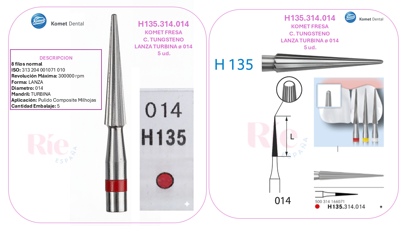 H135.314.014 - KOMET FRESA - C. TUNGSTENO LANZA TURBINA ø 014 5 ud.