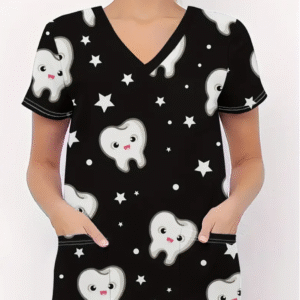 Camiseta mangas cortas cuello V "Estrellas" - Color negro - Estampado dientes y estrellas blancos - Talla M