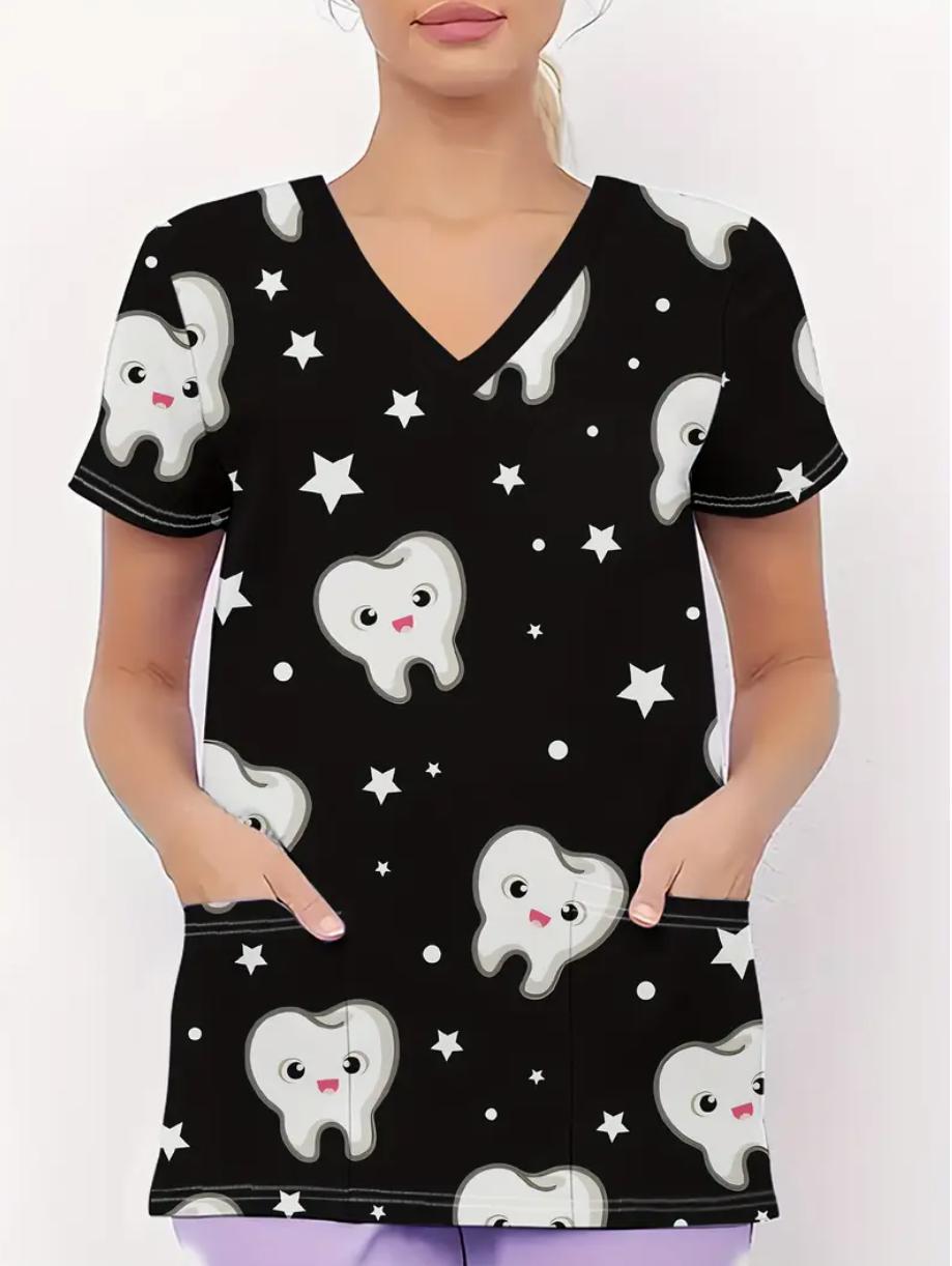 Camiseta mangas cortas cuello V "Estrellas" - Color negro - Estampado dientes y estrellas blancos - Talla M