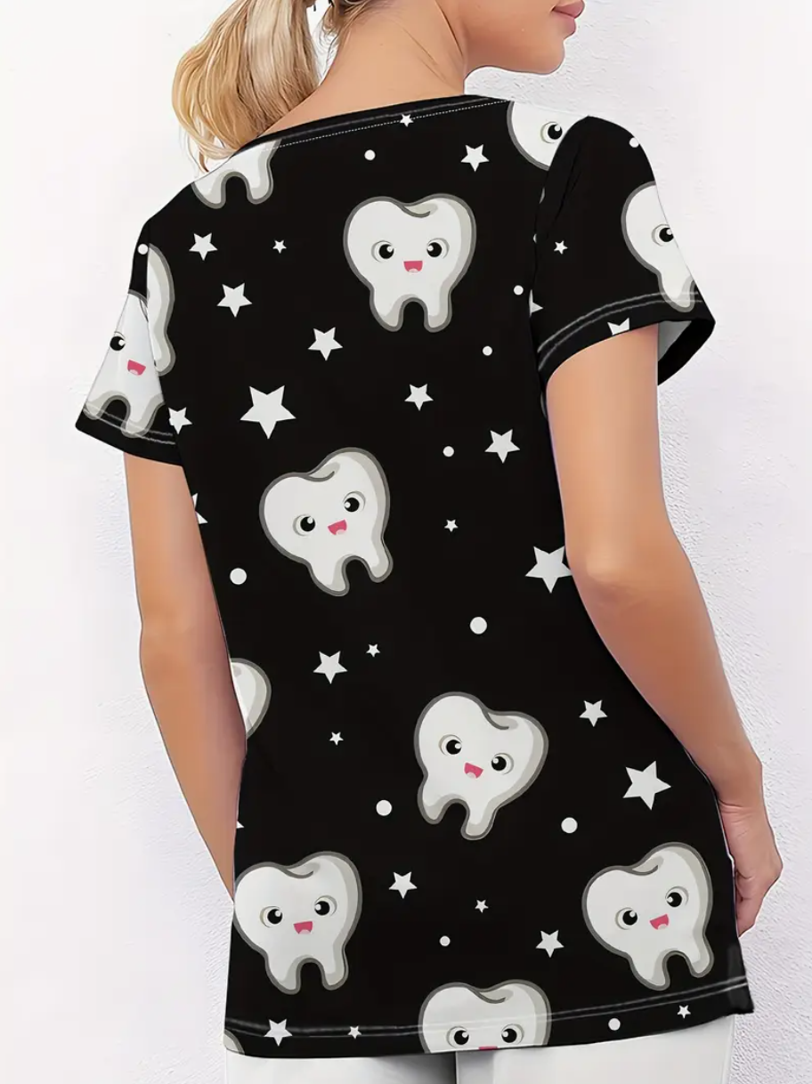 Camiseta mangas cortas cuello V "Estrellas" - Color negro - Estampado dientes y estrellas blancos - Talla M - Imagen 2