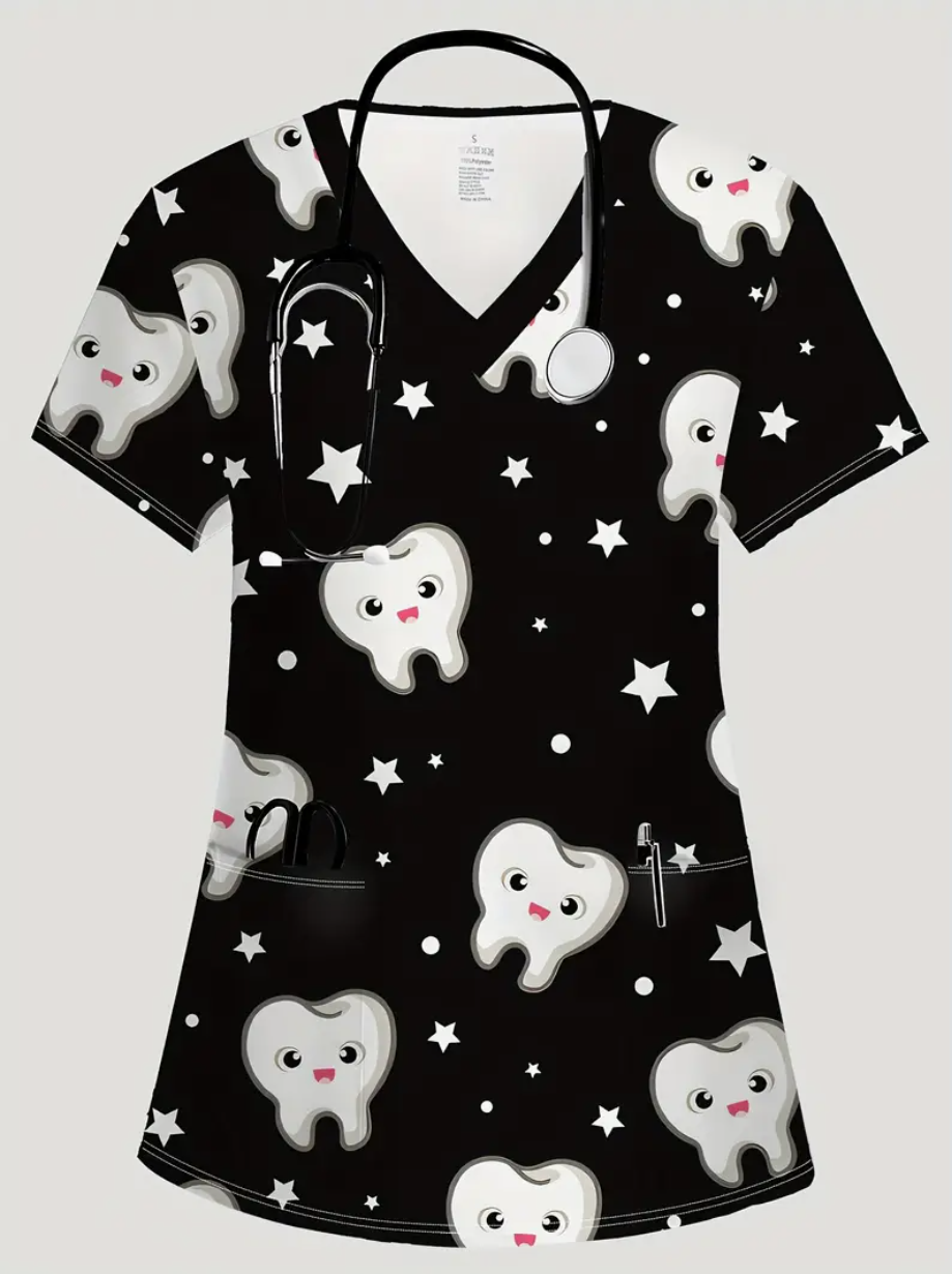 Camiseta mangas cortas cuello V "Estrellas" - Color negro - Estampado dientes y estrellas blancos - Talla M - Imagen 3