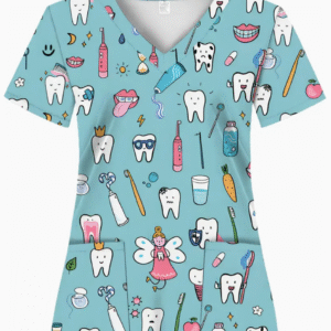 Camiseta mangas cortas cuello V "Hadas" - Color azul claro - Estampado rosa y blanco - Talla M