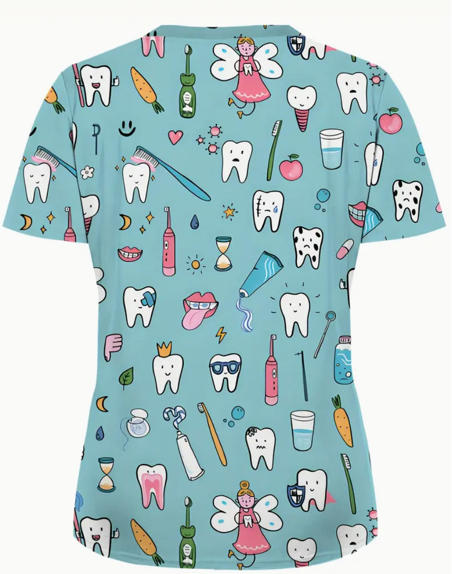 Camiseta mangas cortas cuello V "Hadas" - Color azul claro - Estampado rosa y blanco - Talla M - Imagen 2