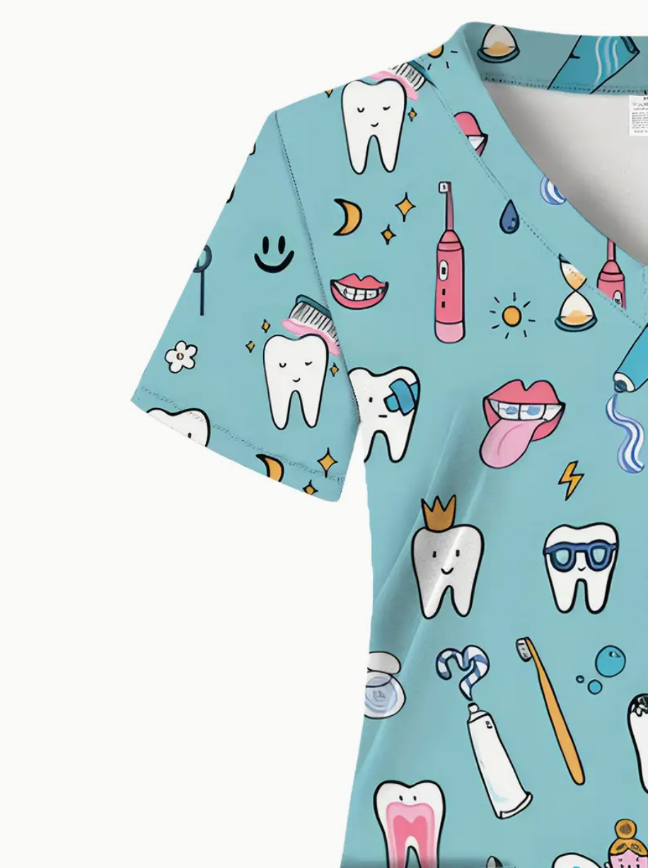 Camiseta mangas cortas cuello V "Hadas" - Color azul claro - Estampado rosa y blanco - Talla M - Imagen 3