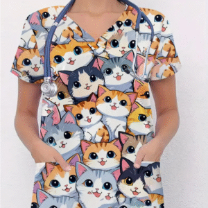 Camiseta mangas cortas cuello V "Gatitos Mix" - Color blanco - Estampado marrón y gris - Talla L