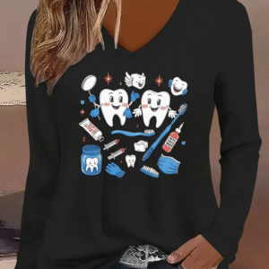 Camiseta mangas largas cuello V "Muelitas" - Color negro - Estampada - Talla M