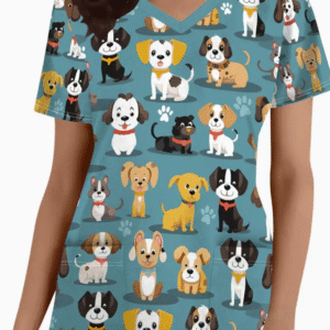 Camiseta mangas cortas cuello V "Perritos Mix" - Color azul - Estampado marrón y blanco - Talla L