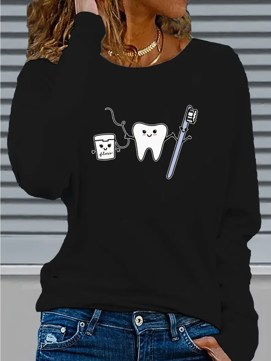 Camiseta mangas largas cuello redondo "Floss" - Color negro - Estampada - Talla M