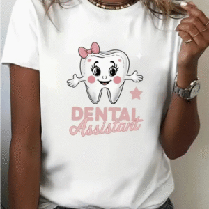 Camiseta mangas cortas cuello redondo "Dental Assistant" - Color blanco - Estampado rosado y negro - Talla M