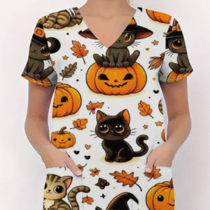 Camiseta mangas cortas cuello V "Halloween" - Color blanco - Estampado naranja y marrón - Talla XL