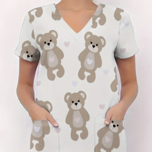 Camiseta mangas cortas cuello V "Ositos" - Color blanco - Estampado rosa y beige - Talla XL