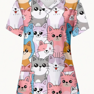 Camiseta mangas cortas cuello V "Gatitos Juntos" - Multicolor - Estampada rosado, lila, marrón - Talla M